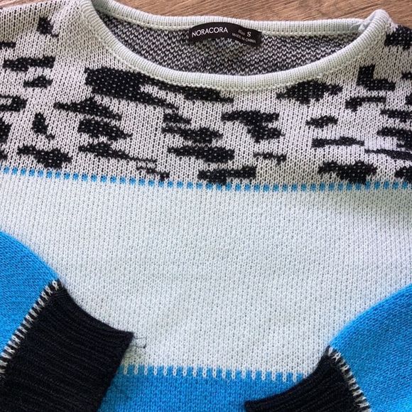 NORACORA Size Small Blue Black and White Colorblock Acrylic Sweater - Picture 3 of 4